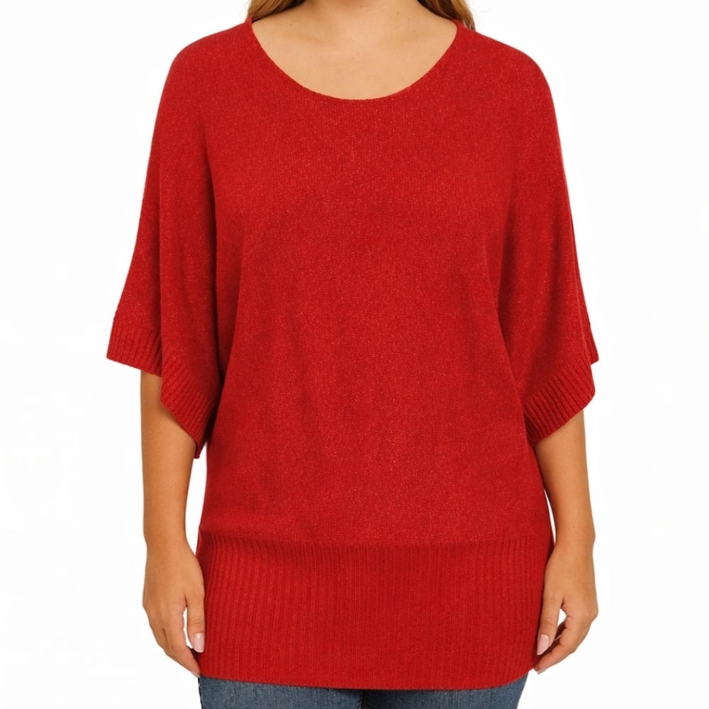 Cable & Gage Red Metallic Thread Shimmer Short Sleeved Sweater Size XL